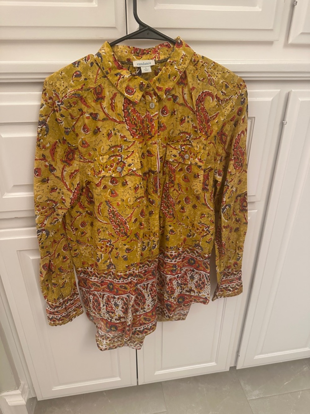 Sundance Mustard Paisley Print Button-Down Blouse with Red Accents